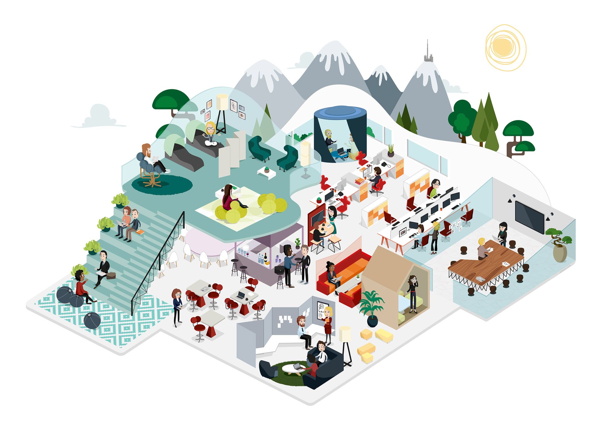 Personnages au travail avec croix interactives indiquant les actions disponibles.